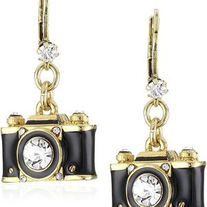 Betsey Johnson Royal Engagement Drop Earrings Gold Tone Rhinestone Black Enamel